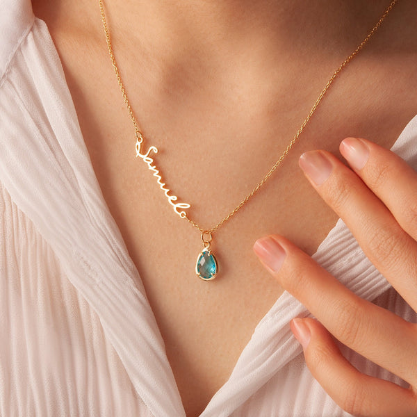 Necklace with Name and Birthstone,Side Name Necklace Birthstone - Custom Gift for Her