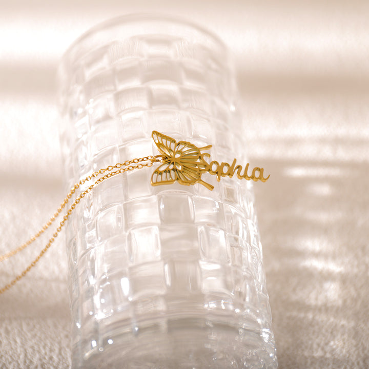 Close-up of butterfly romantic necklace – personalized girlfriend gift