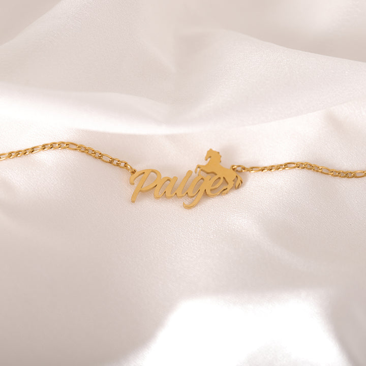 Close-up of running horse silhouette with custom name – handcrafted detail