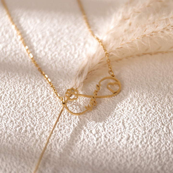 Close-up of silver infinity name necklace – elegant and meaningful design