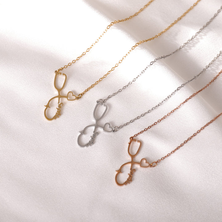 Custom engraved stethoscope necklace worn by nurse – personalized healthcare jewelry