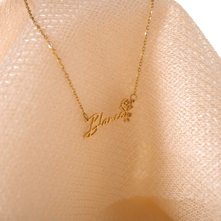 Custom flower name necklace in gift box with dried flowers