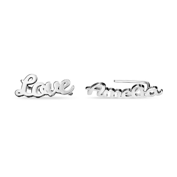 Delicate arc earrings showing smooth curve and custom name detail