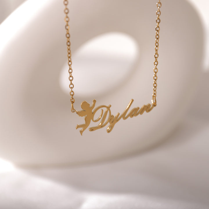 Gold angel boy necklace with name engraving – spiritual and sentimental gift