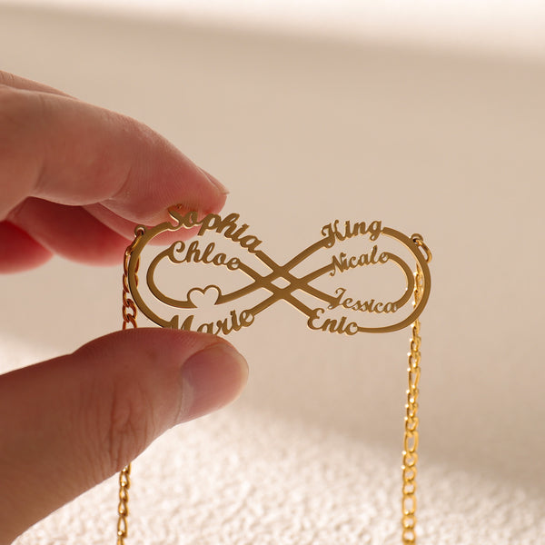 Gold family name necklace engraved with 8 names 