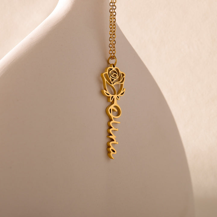 Gold rose name necklace with engraved cursive name and rose charm