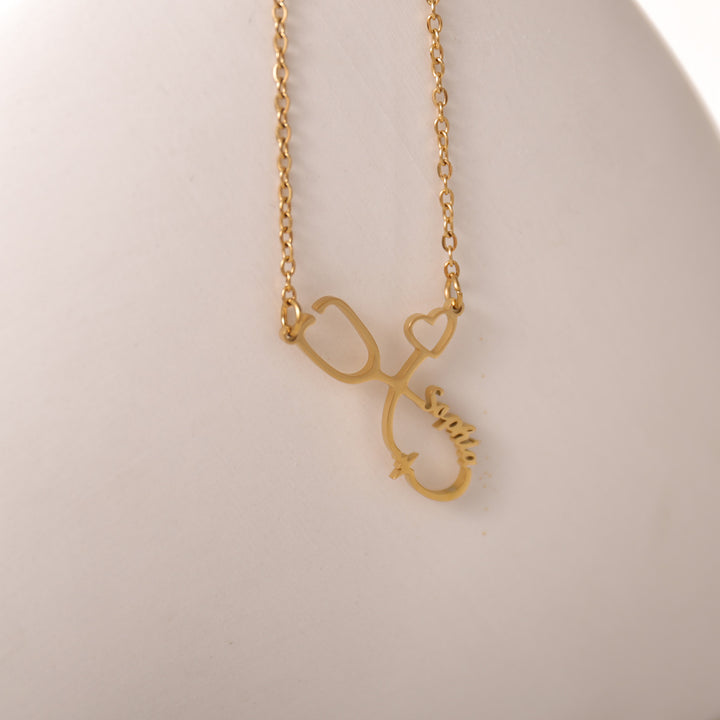 Gold stethoscope pendant necklace with custom name engraving – medical professional gift