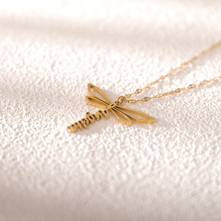 Handcrafted name necklace with dragonfly charm – personalized gift for her