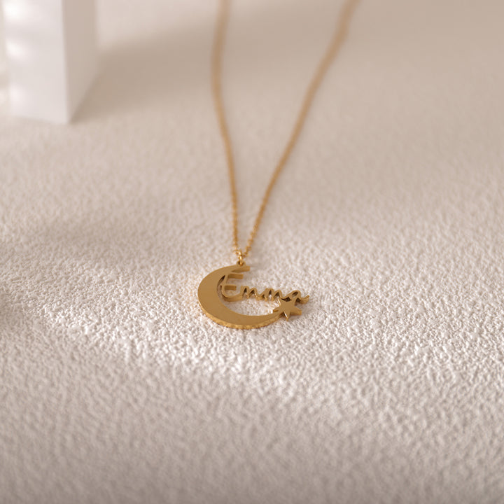 Model wearing dainty moon star necklace – perfect for daily wear