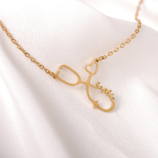 Personalized gold stethoscope name necklace with engraved name – nurse jewelry gift