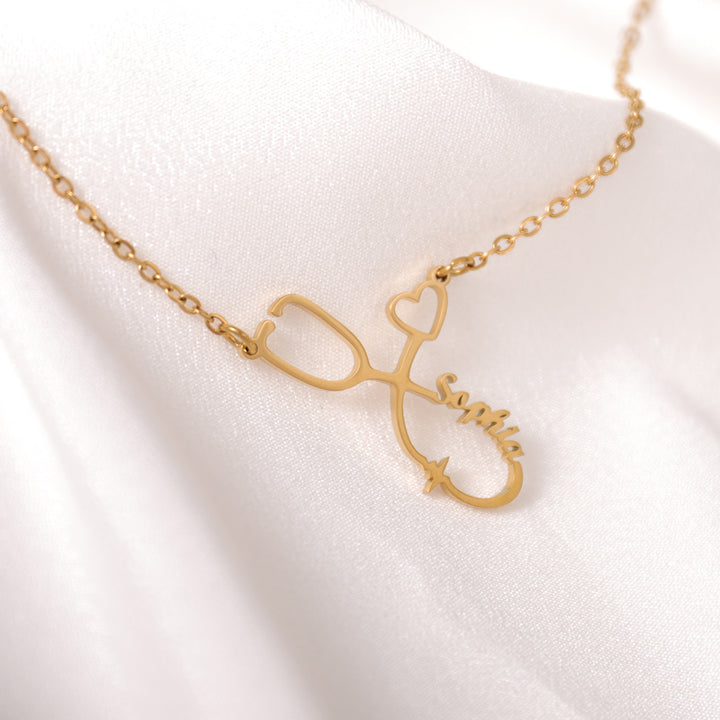 Personalized gold stethoscope name necklace with engraved name – nurse jewelry gift