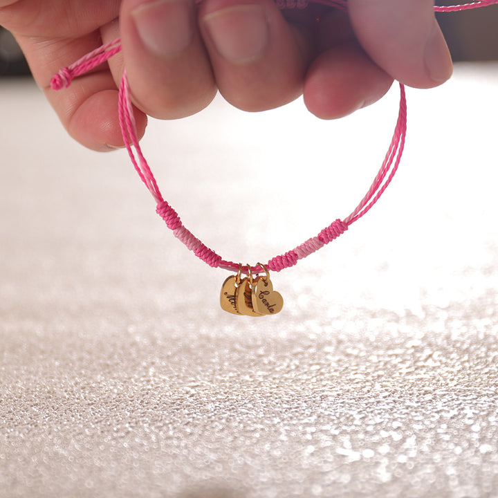 Red thread heart bracelet with name tag – perfect gift for her