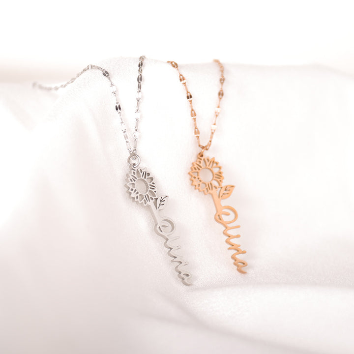 Rose gold sunflower name necklace worn on model – bright and stylish design