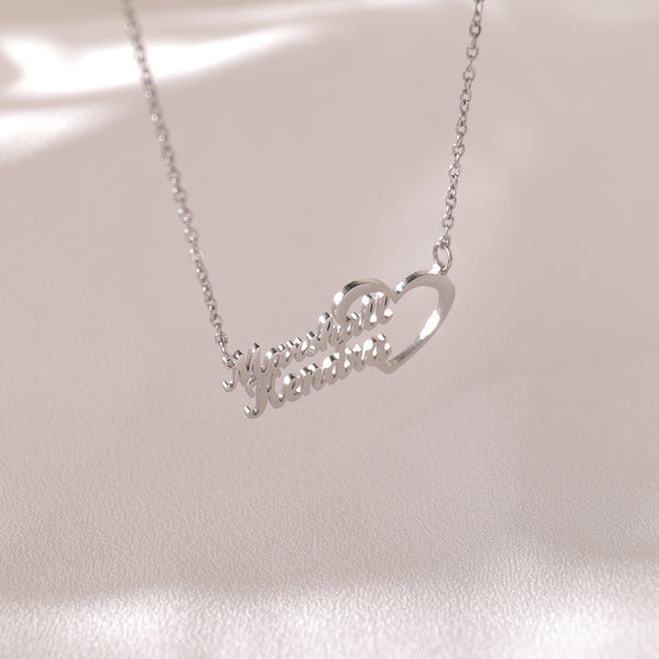 Silver double name necklace with heart accent – elegant love design